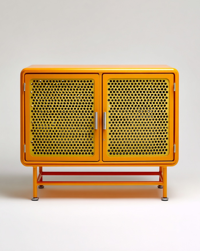 Aparador de doble puerta de metal amarillo, moderno mueble de almacenamiento de estilo industrial.