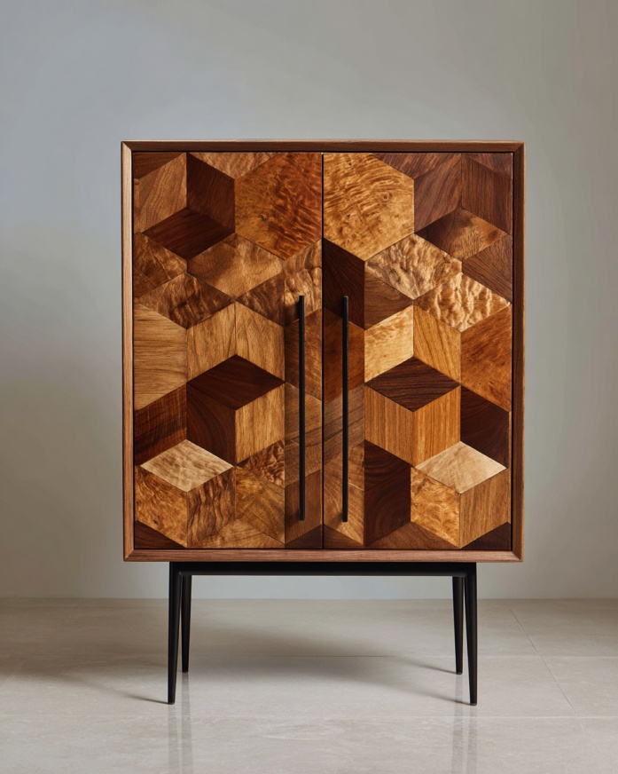 Aparador geométrico de madera maciza con puertas dobles y patas de metal negro