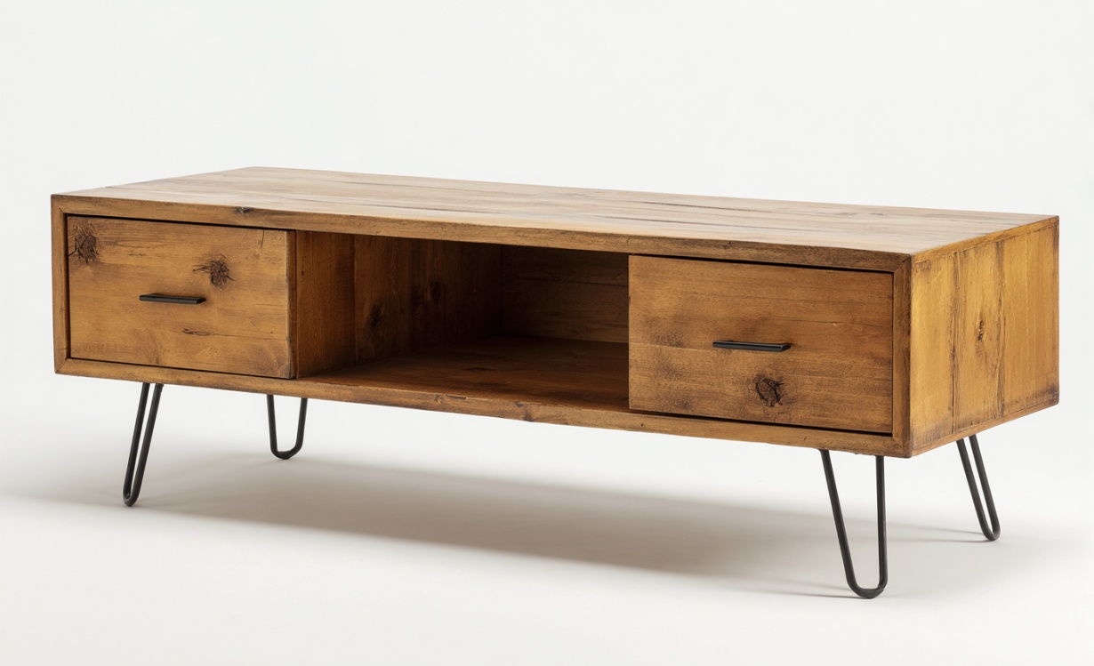 Mueble de TV de madera maciza de estilo industrial con cajones y almacenamiento abierto.