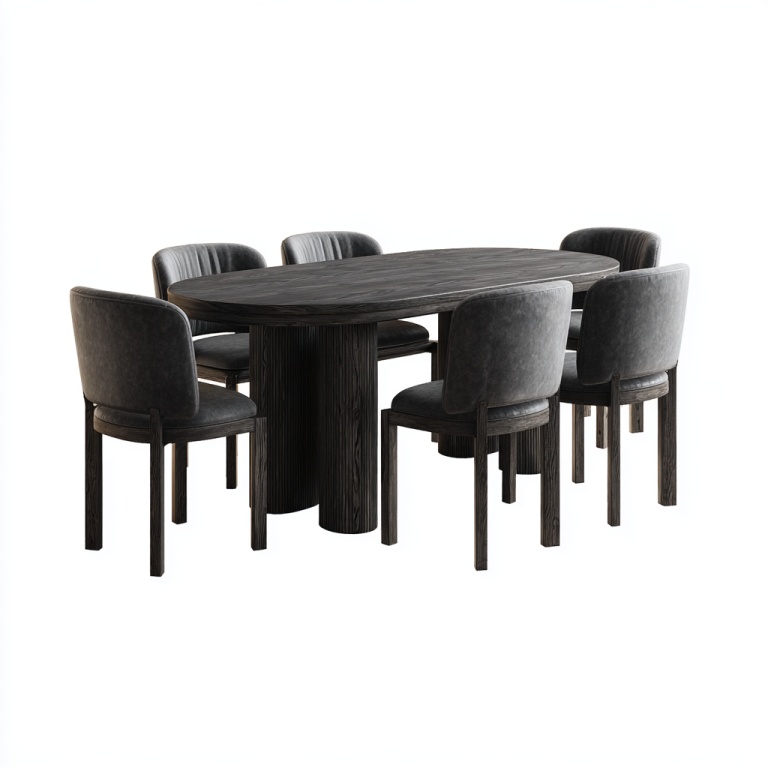 Juego de mesa de comedor moderno con una mesa ovalada de madera oscura y 6 sillas tapizadas en negro.