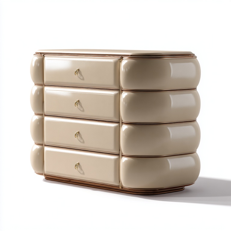 Cómoda de cuatro cajones en forma de arco, color crema, estilo moderno y brillante.