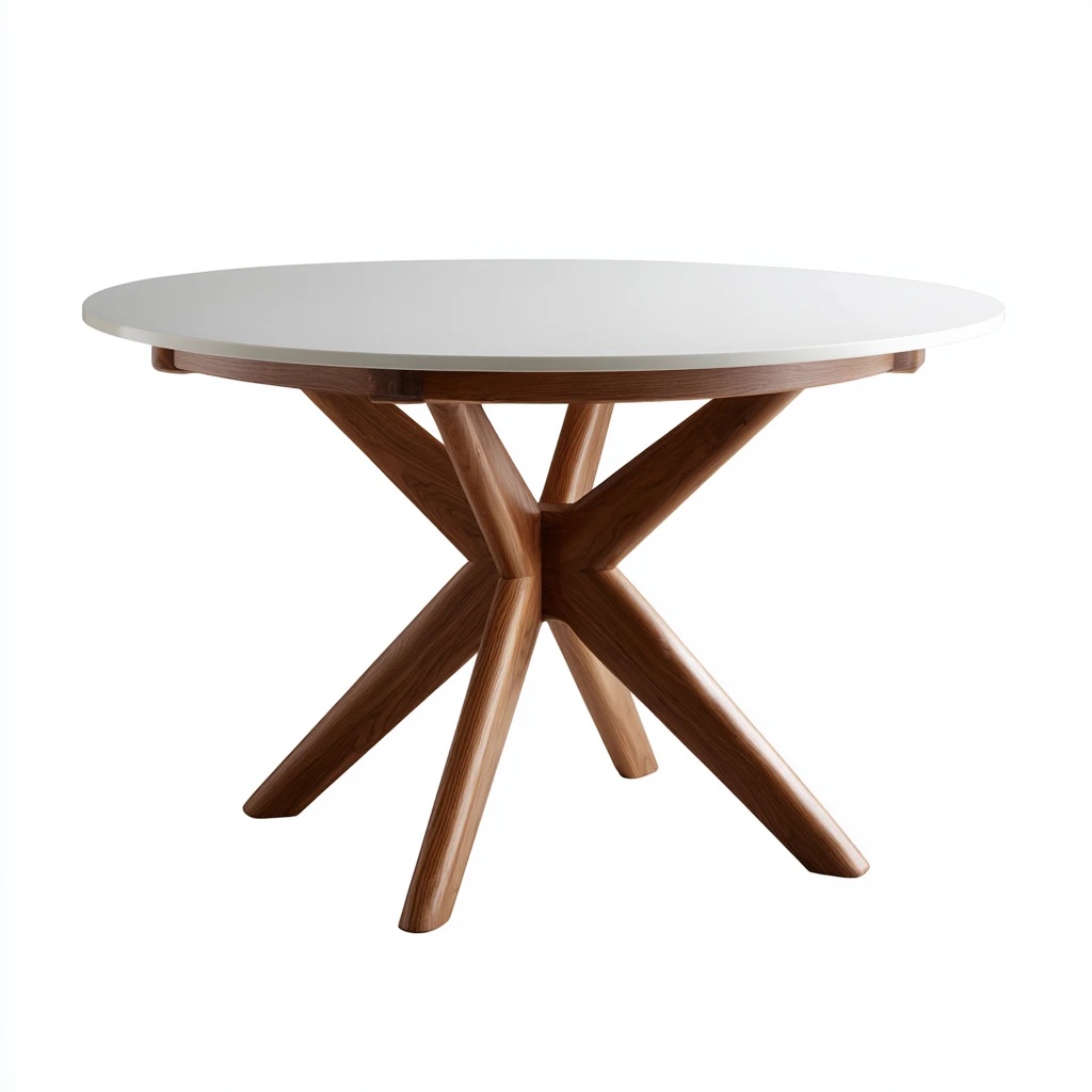 Mesa de comedor redonda con tablero blanco mate y base de madera en forma de estrella.
