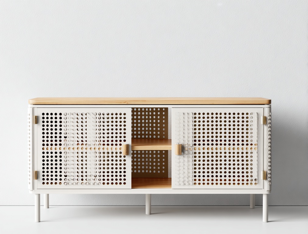 Armario de almacenamiento con puerta perforada de metal y panel de madera, moderno armario de almacenamiento de dos puertas blanco.