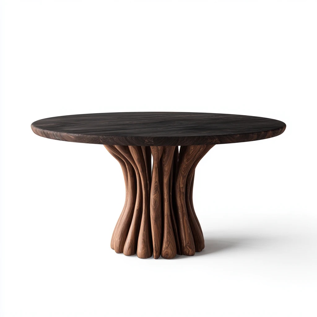 Mesa de comedor redonda de madera maciza con base orgánica tallada