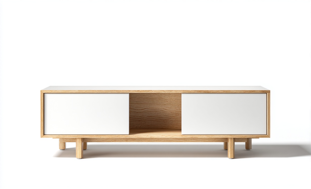 Mueble de TV minimalista moderno con diseño de puerta corredera blanca y marco de madera con vetas de roble.