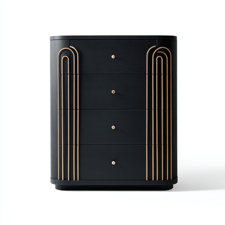 Cómoda decorativa de cuatro cajones en negro y dorado, estilo moderno, mueble de almacenamiento.