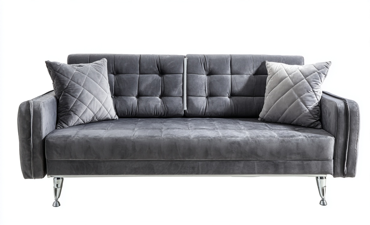 Sofá recto de tres plazas de terciopelo gris con cojines y patas de metal