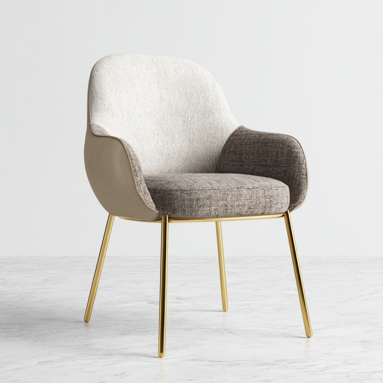 Silla de comedor de metal con tela en bloques de color y reposabrazos, diseño moderno y sencillo.