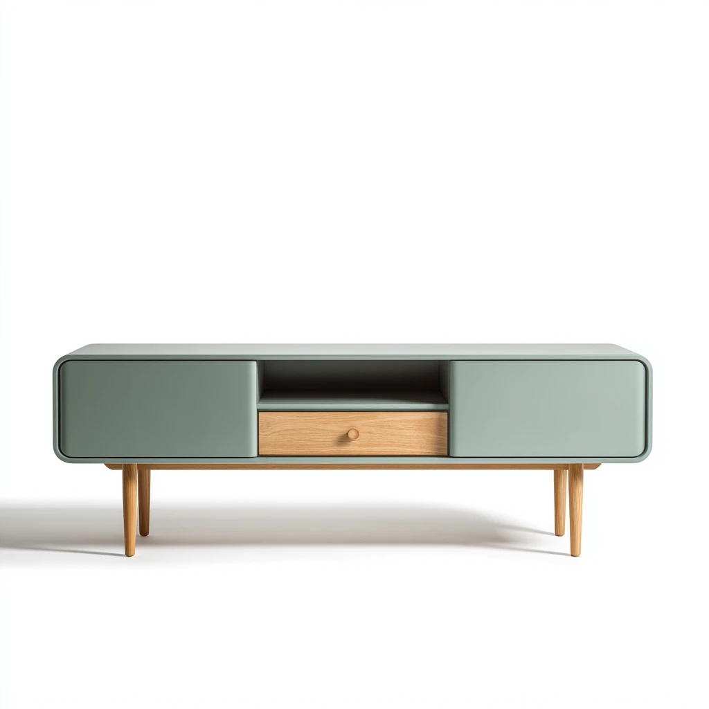 Mueble de TV de almacenamiento de estilo nórdico verde y gris con diseño de cajón con pie de madera maciza