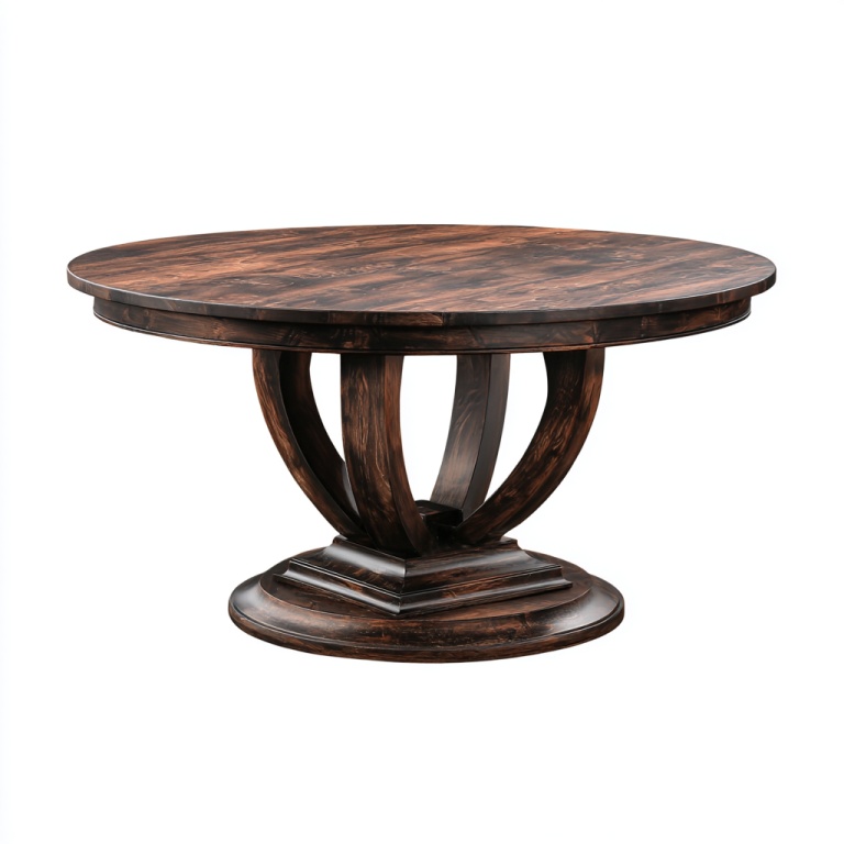 Mesa de comedor redonda de madera maciza con base tallada clásica.