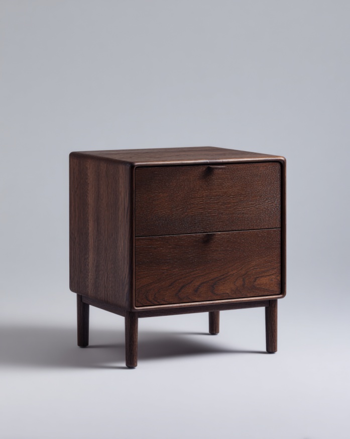 Mesita de noche de madera maciza con dos cajones en color marrón oscuro, estilo moderno y sencillo.