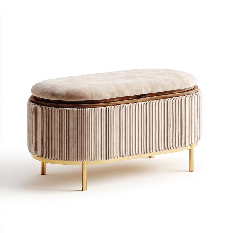Banco de almacenamiento de esquina redondeada en beige claro con funda y zapatero con pie de metal acolchado