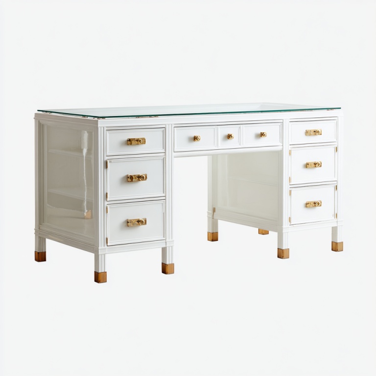 Tocador con tapa de cristal blanco, múltiples cajones y tiradores de metal.