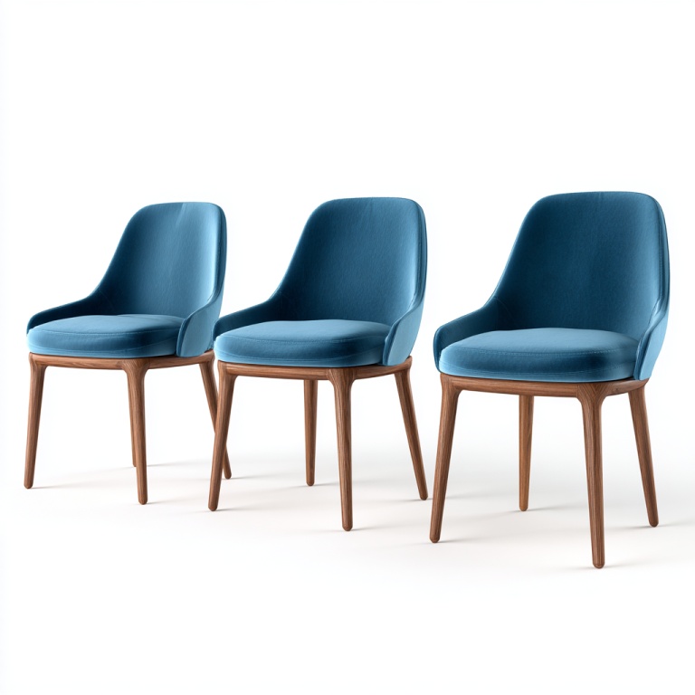 Juego de tres sillas de comedor de madera maciza de tela azul con diseño de respaldo cómodo