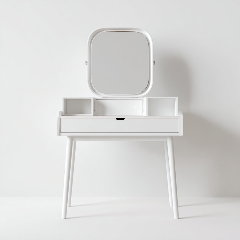 Tocador blanco sencillo con cajón de almacenamiento y diseño de espejo.