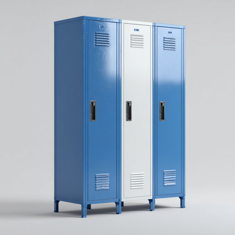 Taquillas para empleados de hierro de tres puertas con orificios de ventilación en azul y blanco