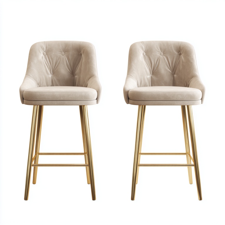 Taburete alto de bar moderno de gamuza con patas de metal beige, conjunto de dos piezas