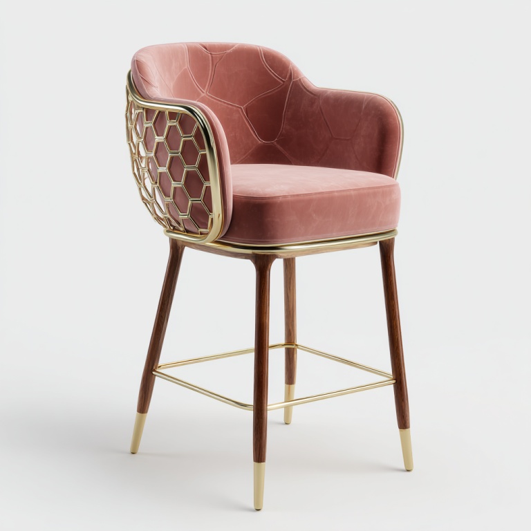 Taburete de bar con respaldo de panal de abeja color vermeil rosa, taburete alto, silla individual