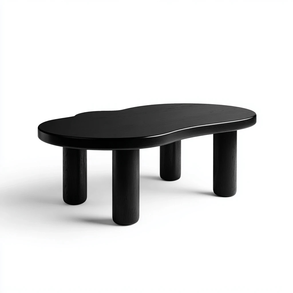 Mesa de centro orgánica negra con patas cilíndricas de madera.