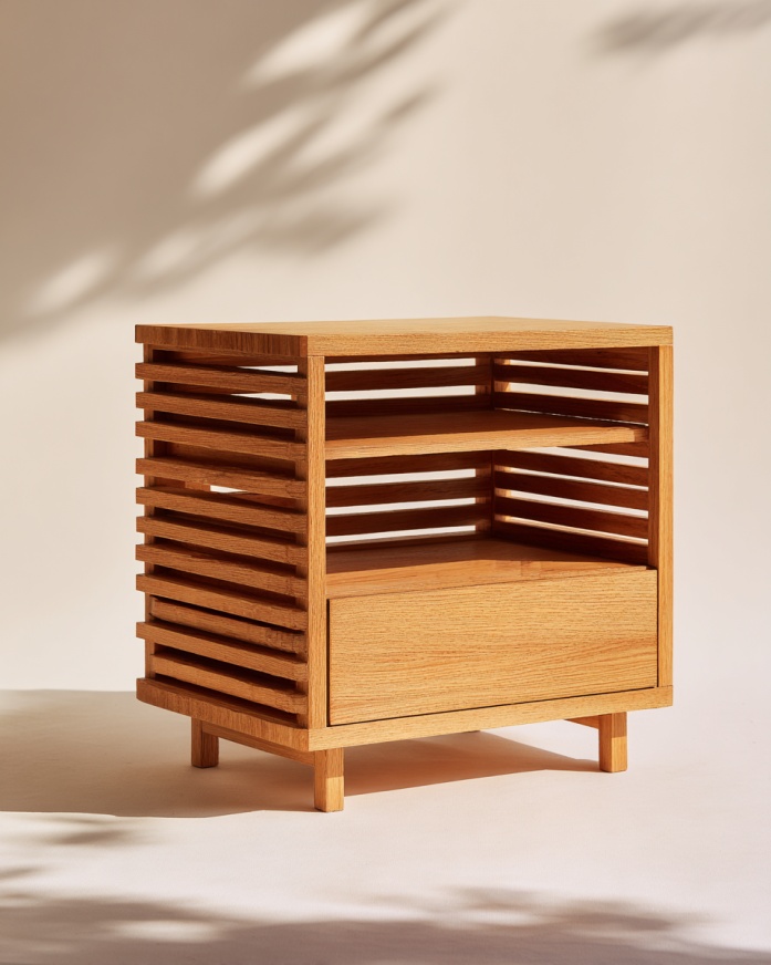 Mesita de noche moderna con rayas de veta de madera, estantes abiertos y cajones.