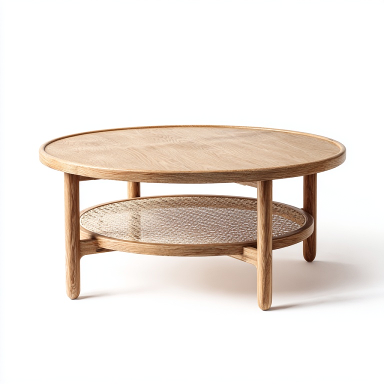 Mesa de centro redonda de troncos de doble capa con capa de almacenamiento de rejilla, mesa de sala de estar moderna y sencilla