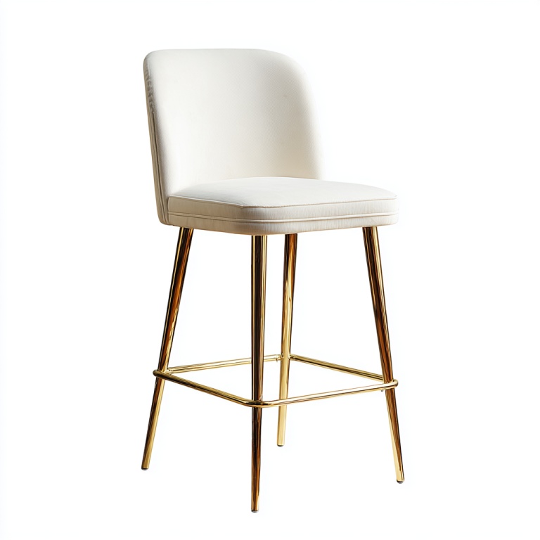 Taburete alto de bar moderno de tela de gamuza con diseño de patas de metal dorado y respaldo tapizado en color blanquecino.