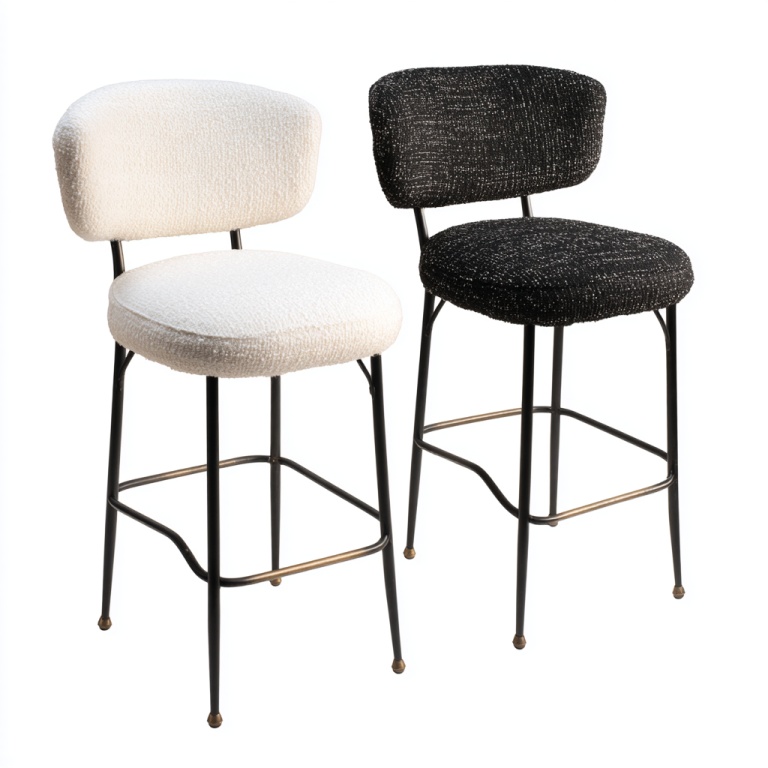 Taburete de bar de tela doble, taburete alto con patas de hierro en blanco y negro, conjunto de dos piezas