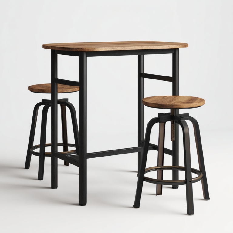 Mesa de bar de hierro macizo de estilo industrial y combinación de silla de tres piezas, taburete alto