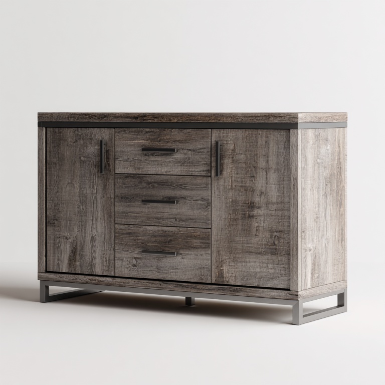 Aparador moderno de estilo industrial gris con tres cajones y doble puerta.