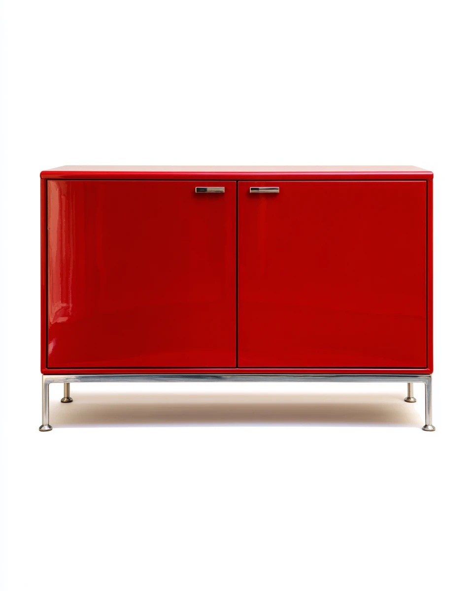 Aparador moderno de dos puertas con pintura metálica roja y almacenamiento