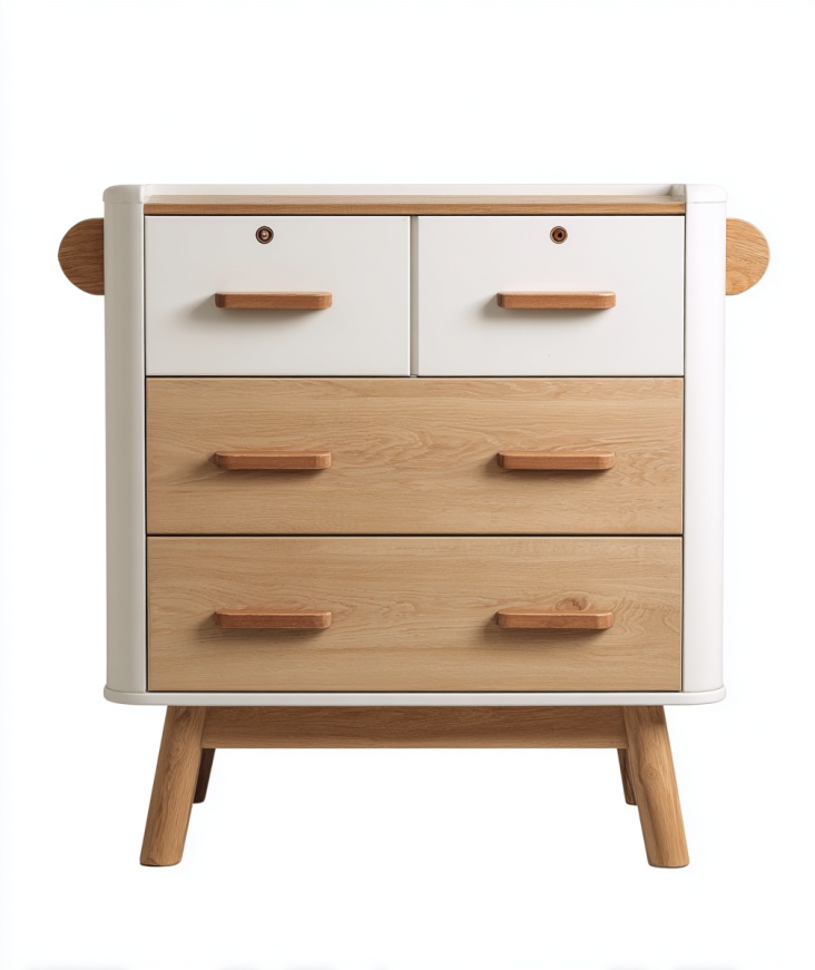 Cómoda infantil de dos colores con cuatro cajones y diseño nórdico de esquinas redondeadas.