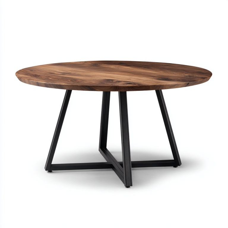 Mesa de comedor redonda de estilo industrial con tablero de madera y base de metal.