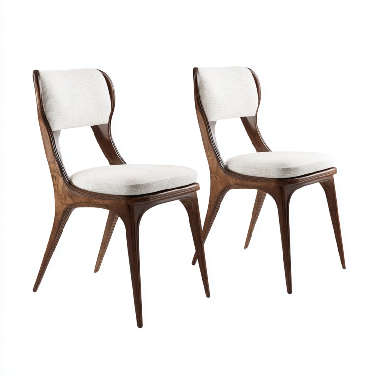 Juego de sillas de comedor de madera retro de dos piezas con respaldo tapizado de tela en color blanco roto.