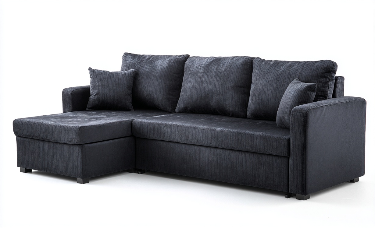 Sofá esquinero de tela gris oscuro con espacio de almacenamiento