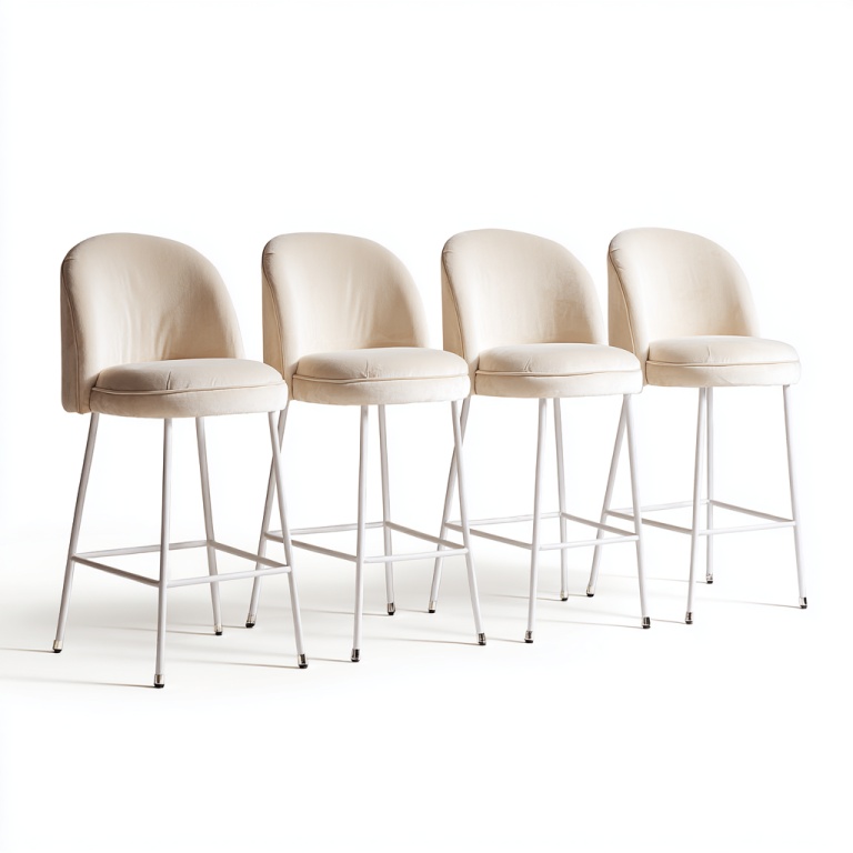 Taburete alto de bar tapizado en blanco crema con patas de metal, juego de cuatro sillas de bar