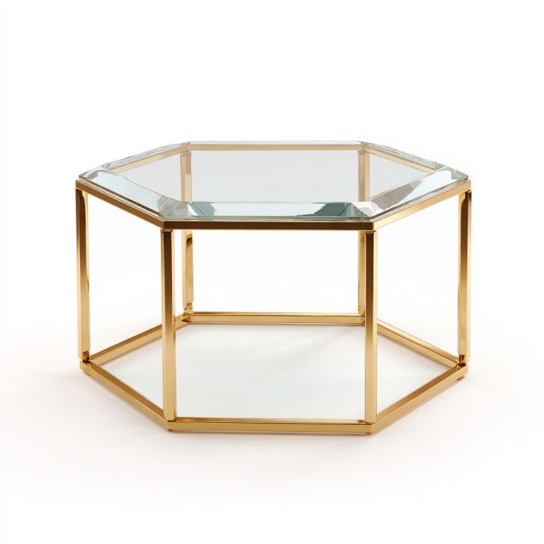 Mesa de centro de vidrio hexagonal con estructura de acero inoxidable dorado para sala de estar