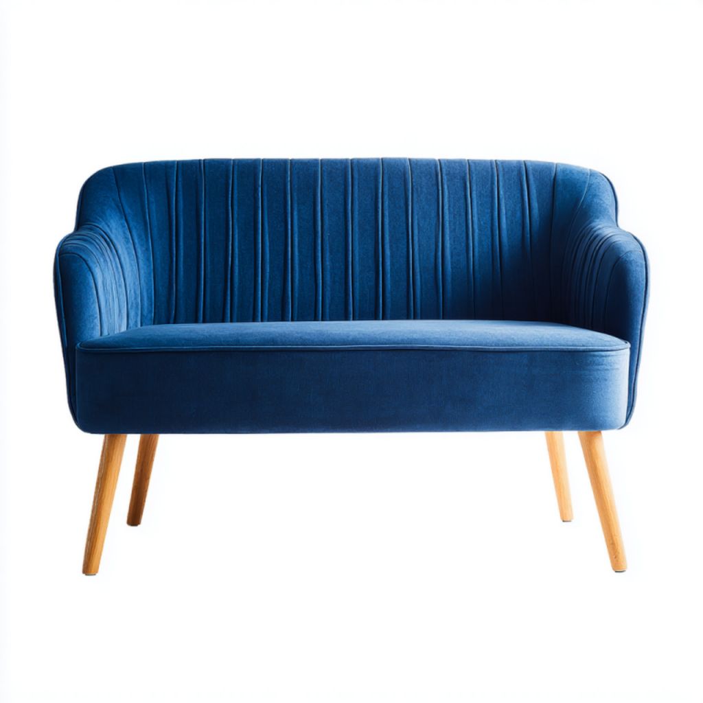 Sofá de 2 plazas azul de terciopelo con patas de madera