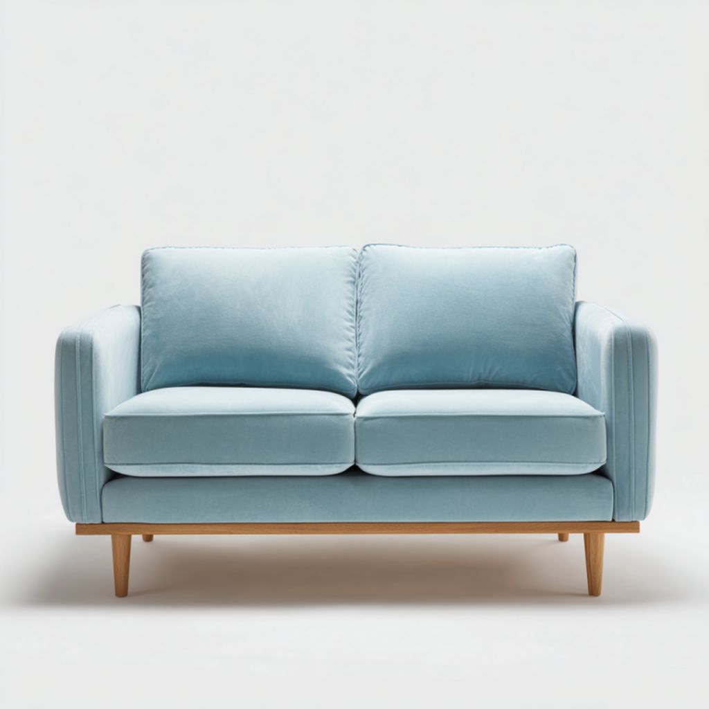 Sofá de 2 plazas azul claro de terciopelo con patas de madera