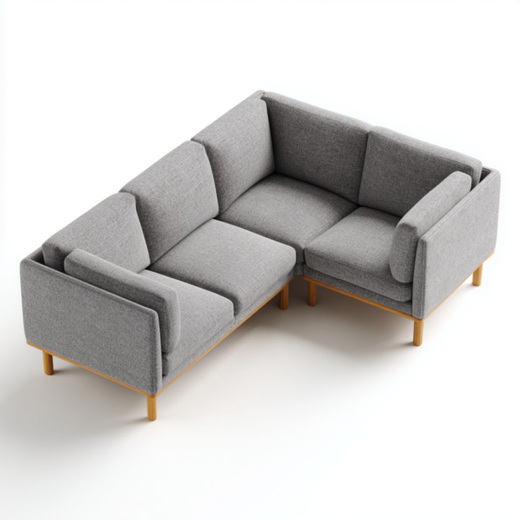 Sofá de esquina en tela gris (tres plazas, patas de madera, con cojines)