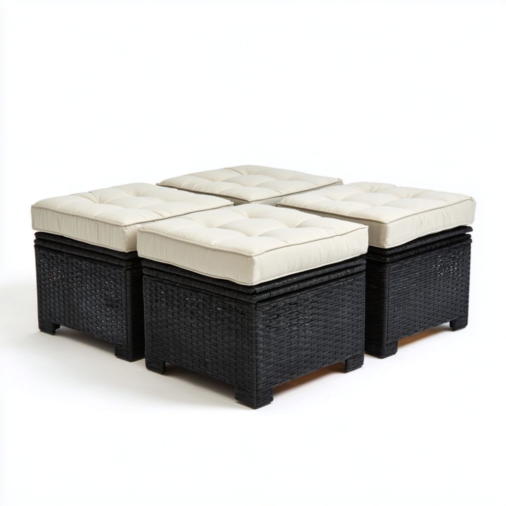 Juego de 4 taburetes de exterior con cojines, estructura de mimbre negro, cojines beige, ideal para jardín o terraza