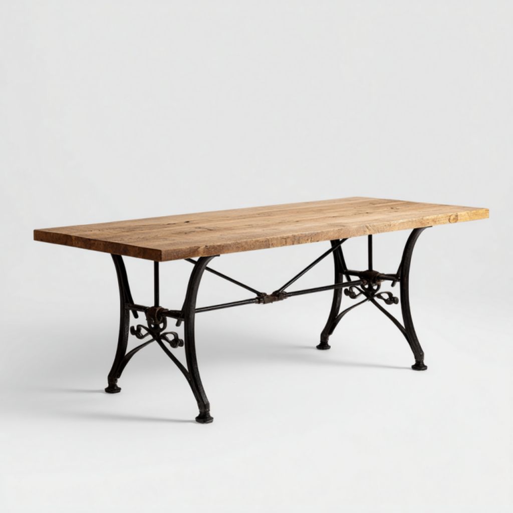 Mesa rectangular con tablero color madera natural y patas metálicas negras decoradas