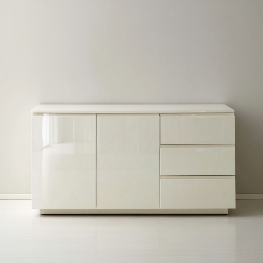Aparador alto brillo color marfil con 2 puertas y 3 cajones