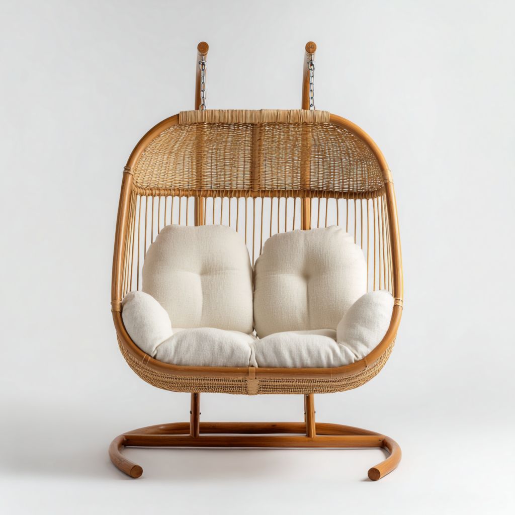 Hamaca colgante de dos plazas, ideal para interior y exterior, hecha de material natural con cojín cómodo