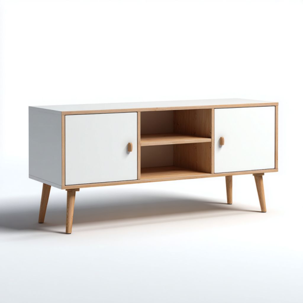 Mueble de TV blanco y roble natural, 2 puertas + estantes centrales, patas altas