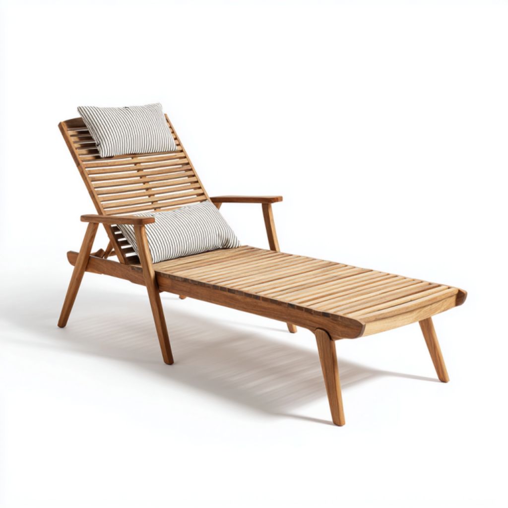 Tumbona de madera para exterior con dos cojines a rayas