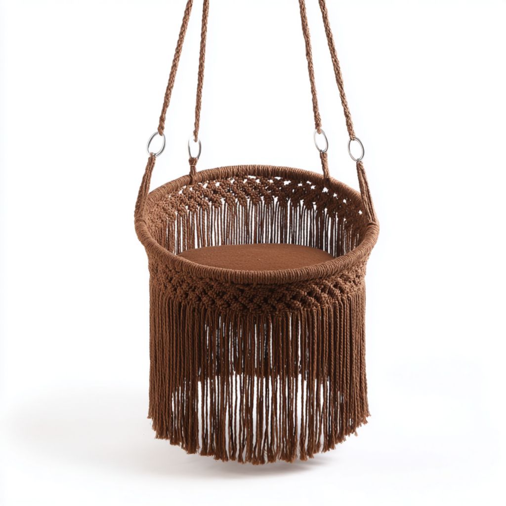 Silla colgante con flecos en color marrón, diseño trenzado, cojín incluido, para uso interior y exterior