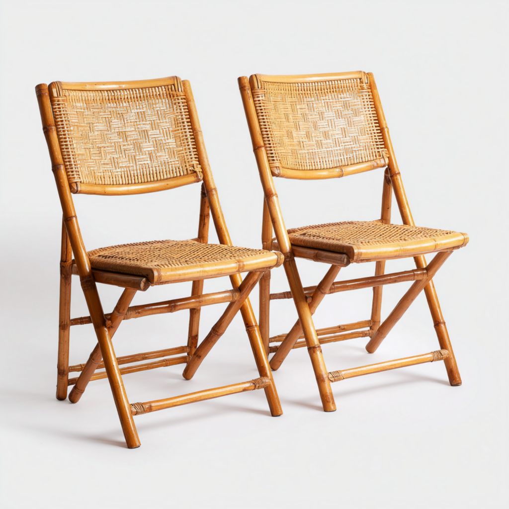 Silla plegable de exterior con respaldo de ratán y marco de bambú (Juego de 2)