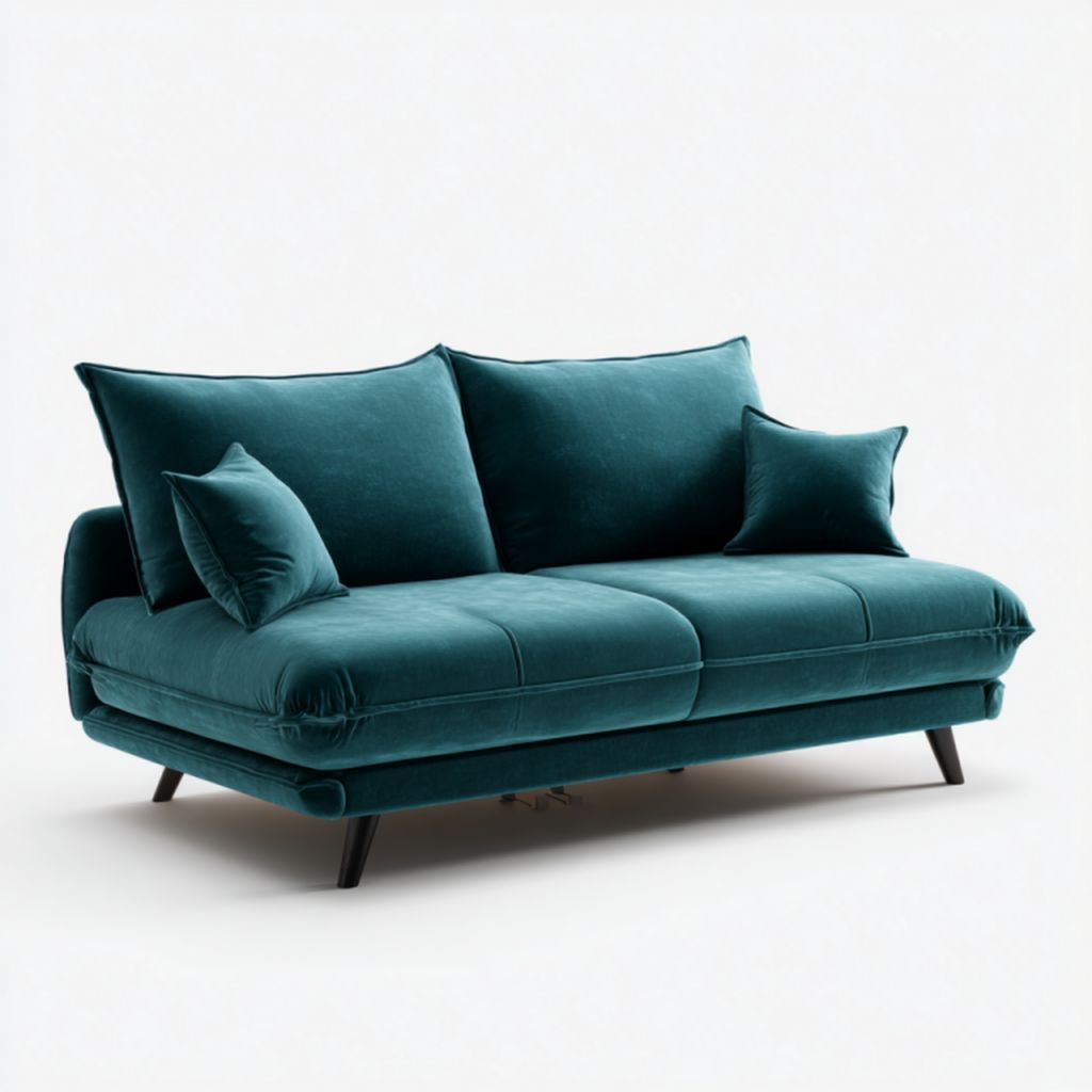 Sofá de 2 plazas azul verdoso de terciopelo con 2 cojines y patas metálicas