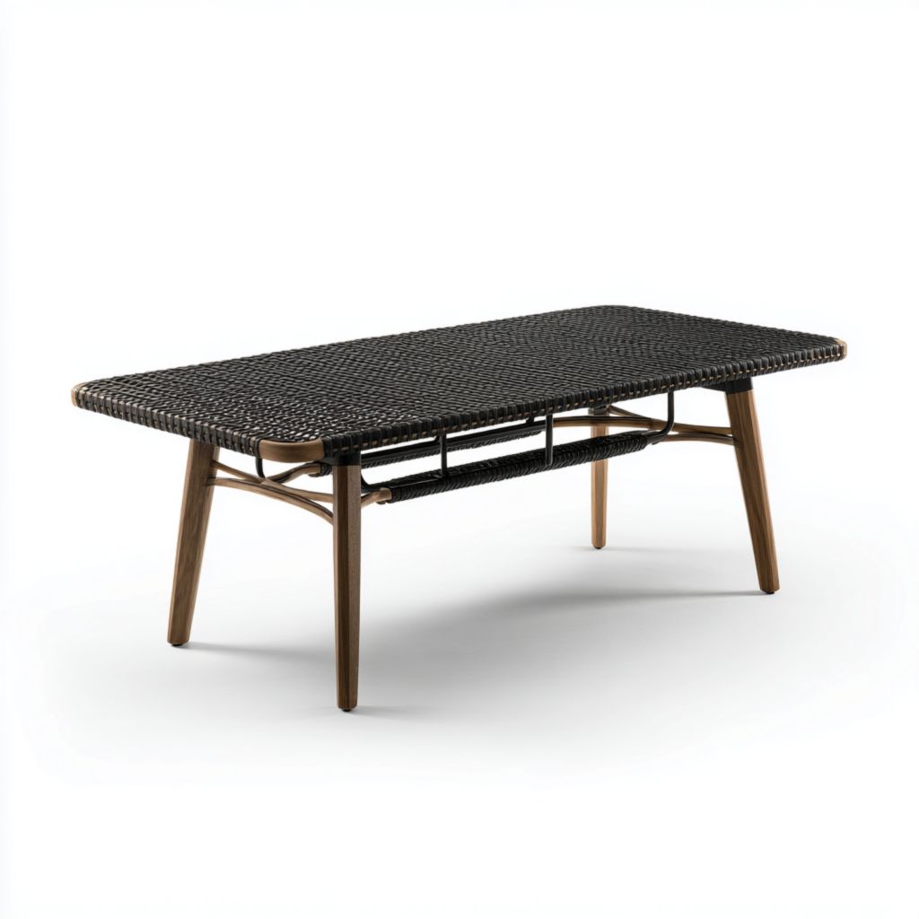 Mesa de exterior de estilo moderno, superficie trenzada negra y estructura de madera, ideal para reuniones al aire libre