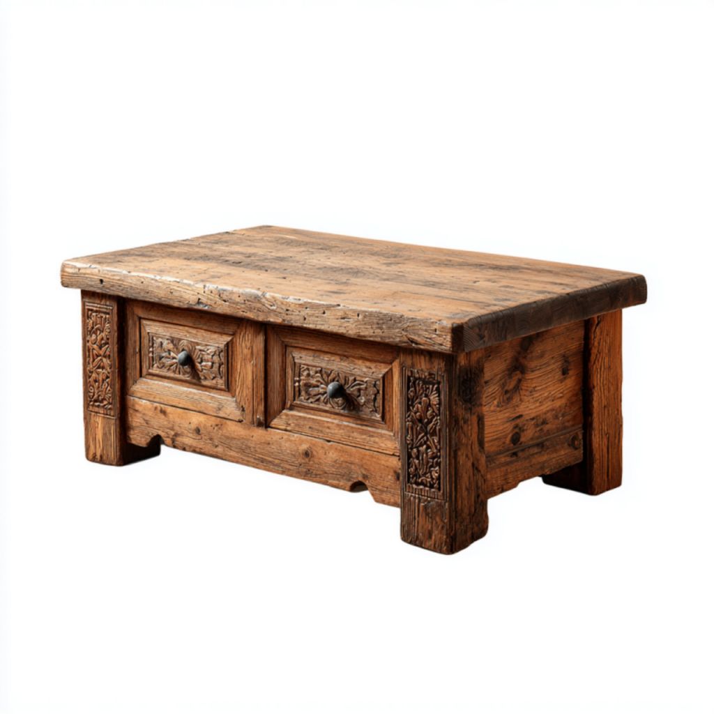 Mesa de centro vintage de madera maciza con tallado y dos cajones